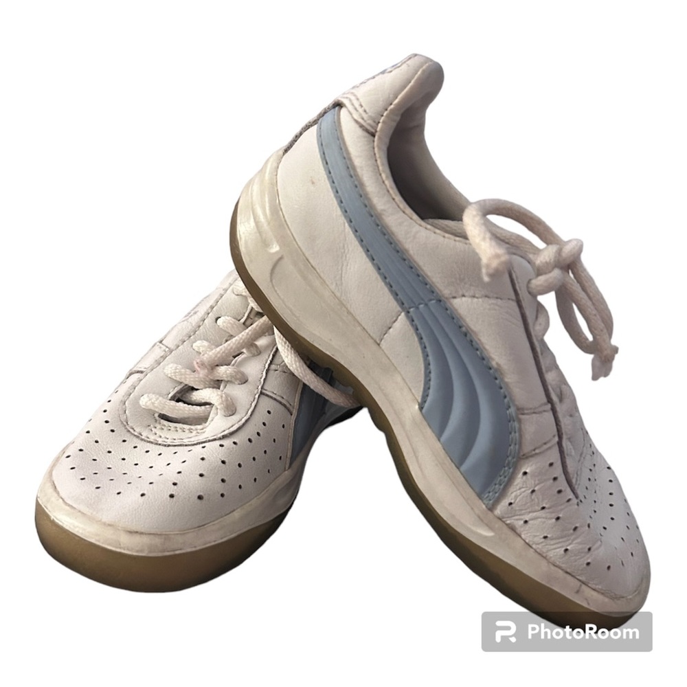 PUMA kids Special Jr White Leather blue stripe Sneakers Shoes Size 6.5/7…